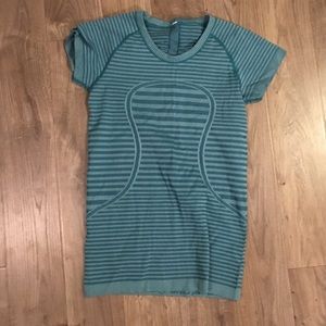 A blue stretchy exercise t-shirt